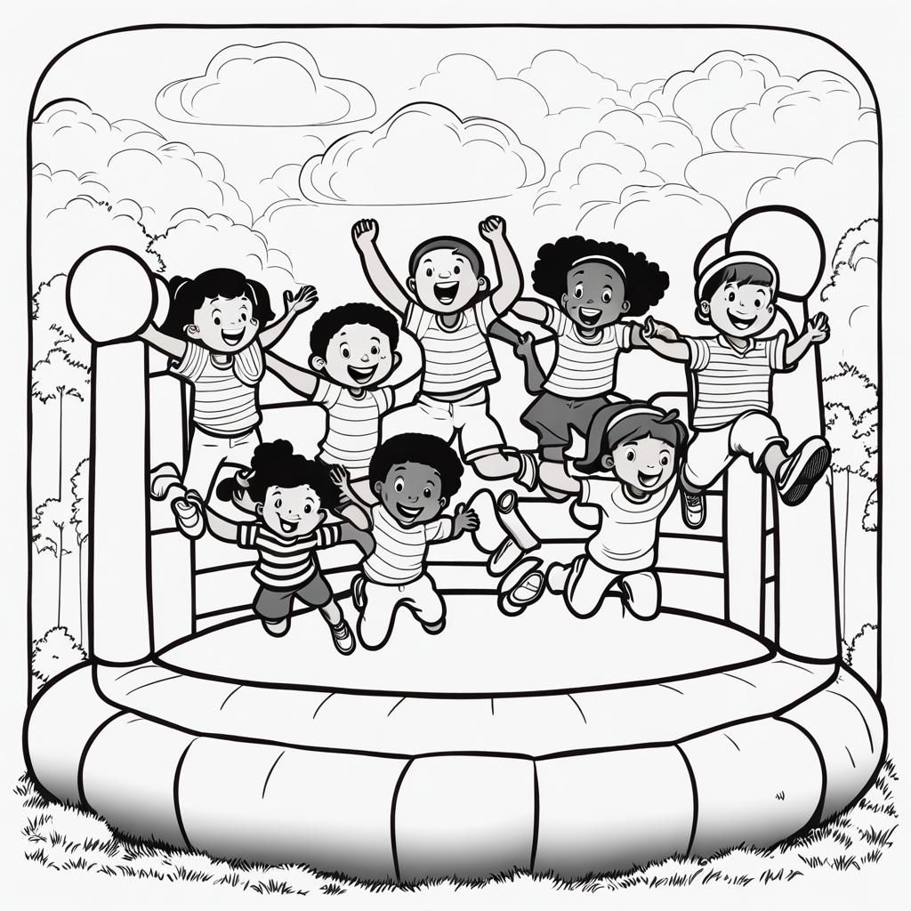 Children Jumping in Bouncy House Coloring Book Page