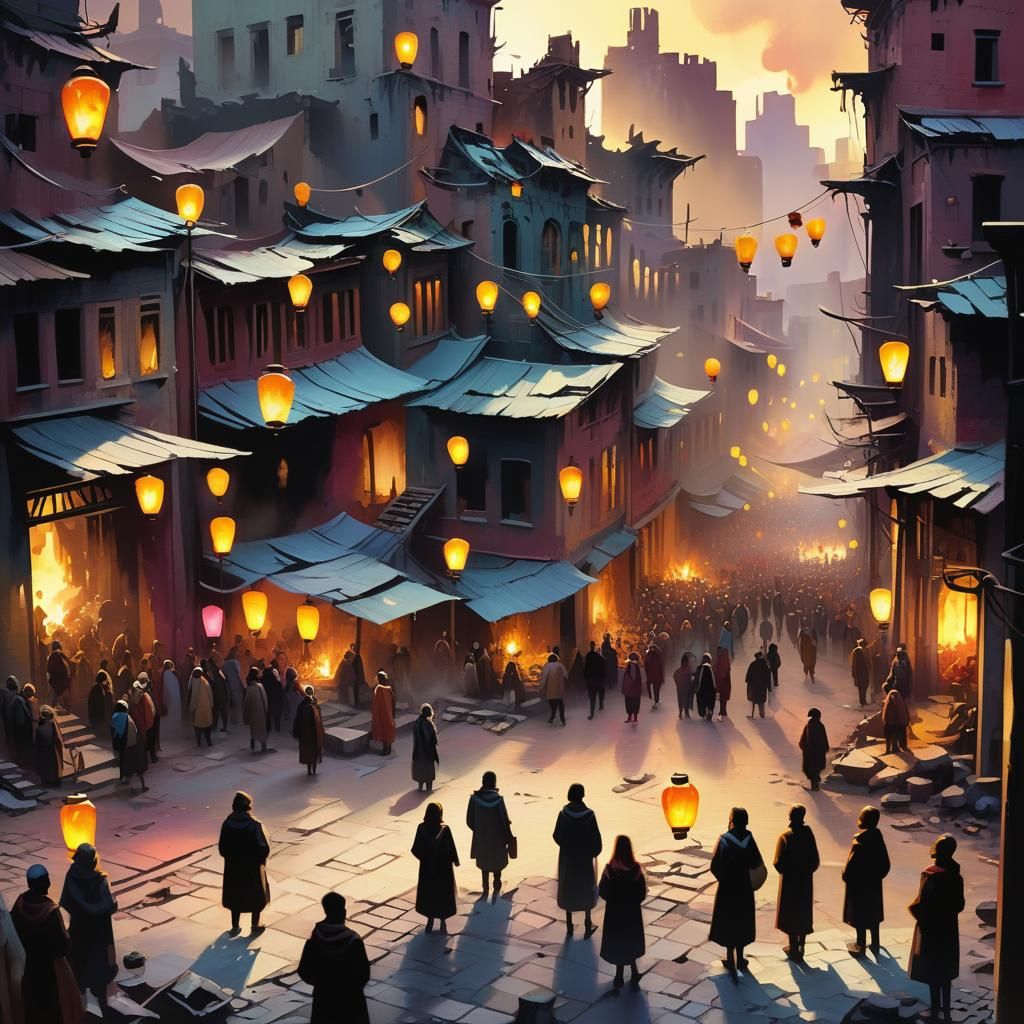 Gathering in Ruins: A Stylized Oil Painting