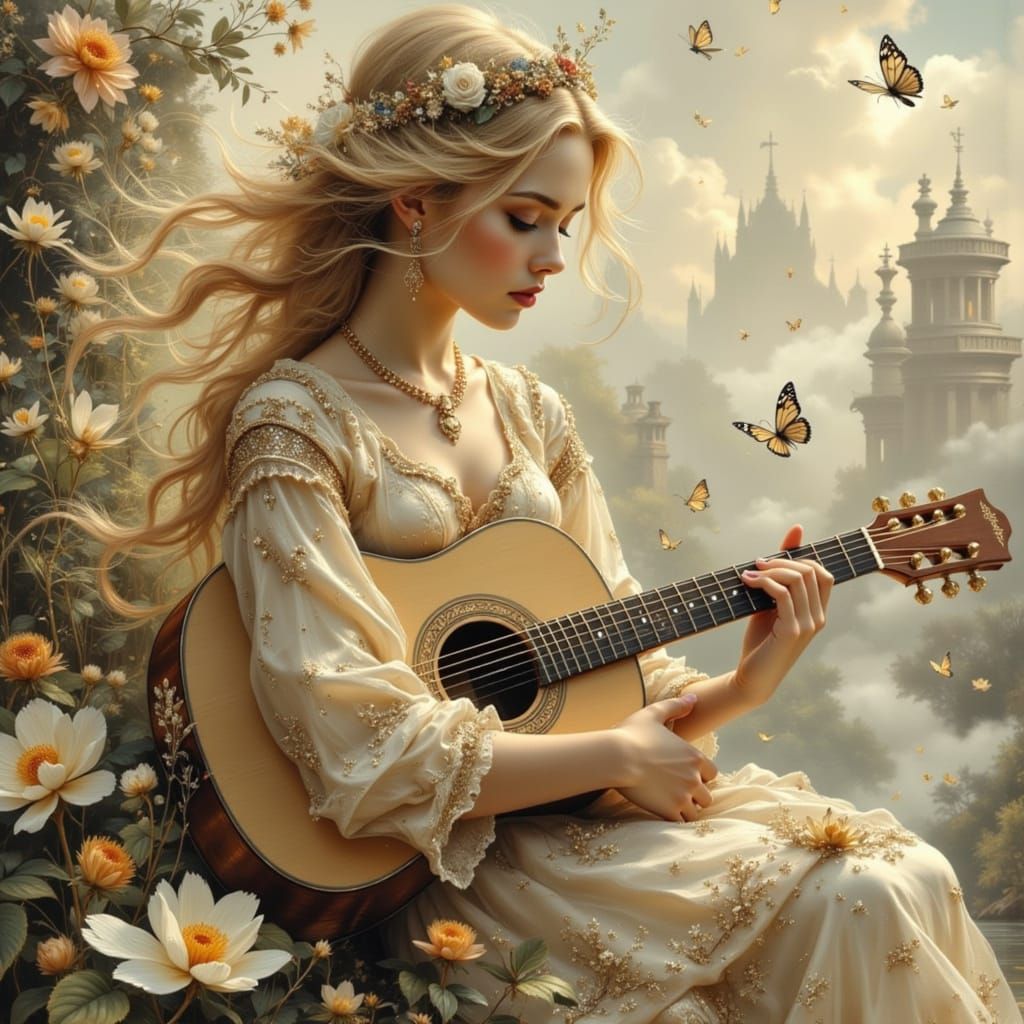 Ethereal Woman with Guitar in Dreamlike Landscape