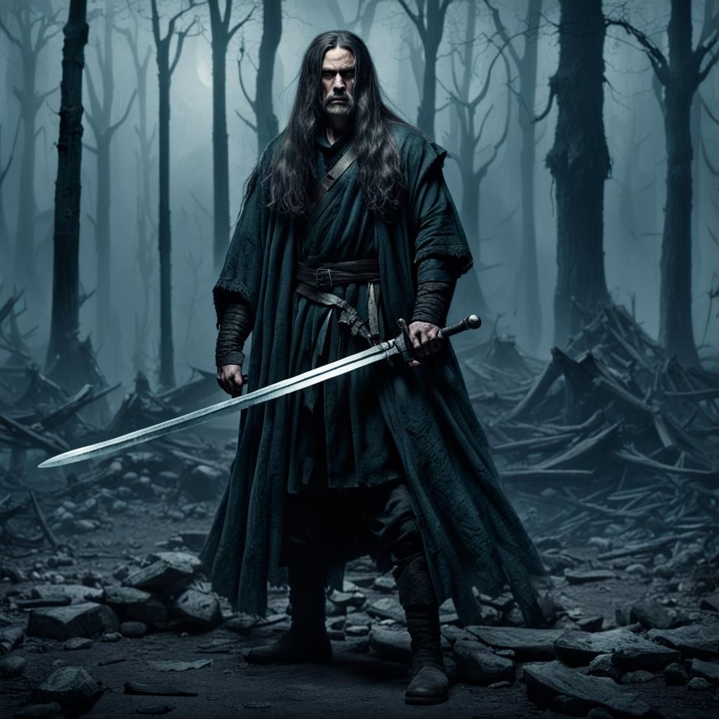 War-Haunted Warrior Stands Amidst Terror