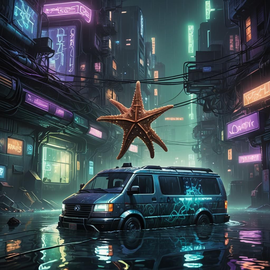 Cyberpunk Starfish Adorn Submerged Van in Cityscape