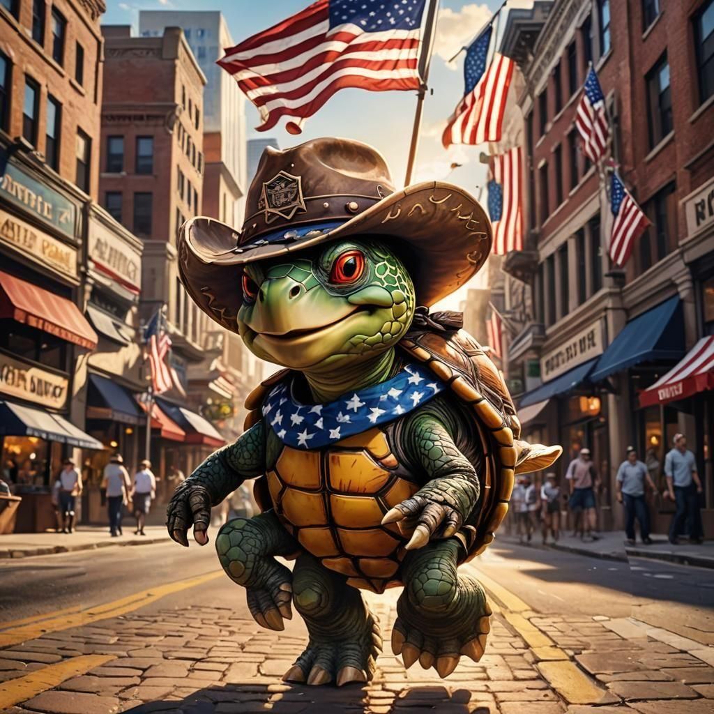 Cowboy Turtle Strutting Down Main Street in Anime Style
