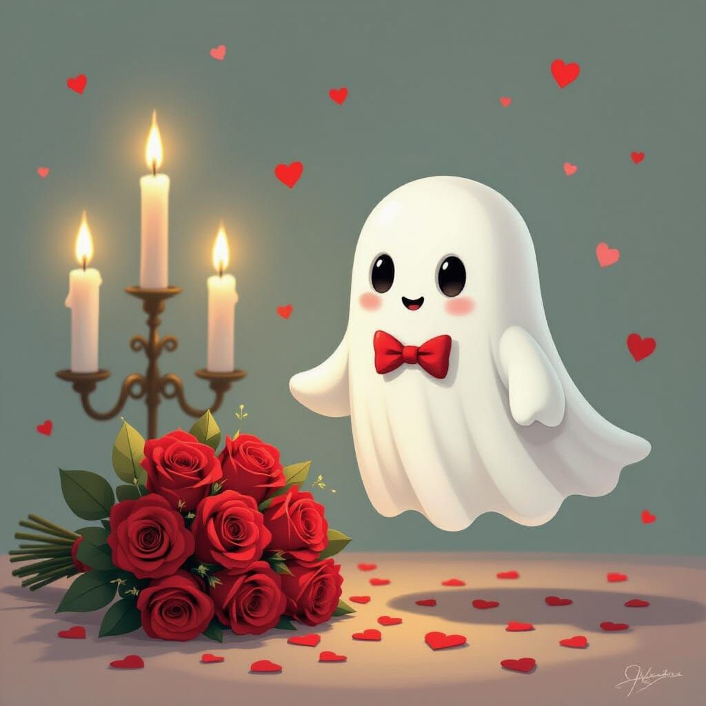 Whimsical Ghost with Roses in Romantic Light