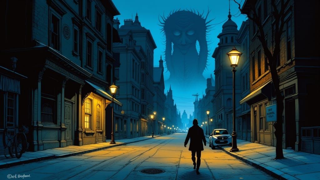 Ominous Cityscape with Shadowed Figure at Twilight