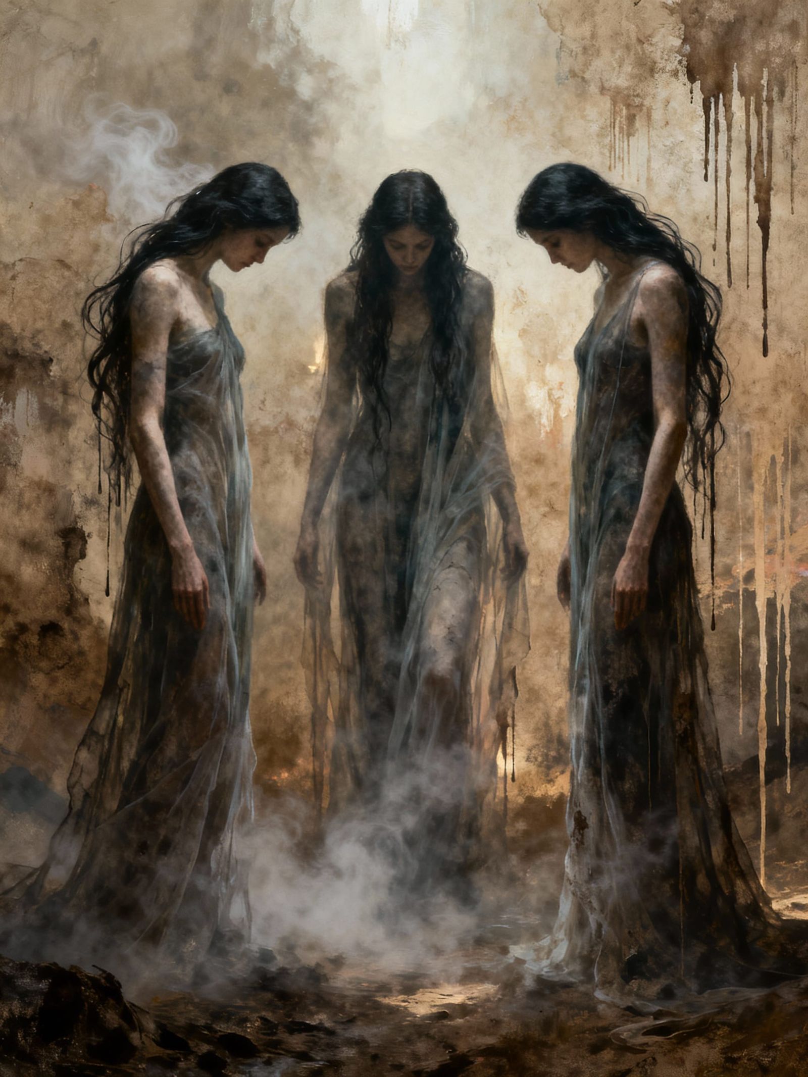 Ethereal Figures in Abstract Void, Painterly Mythic Decay