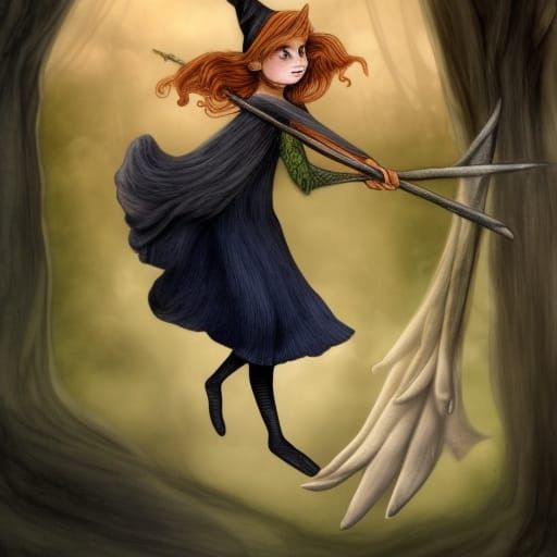 Two witches racing on broomsticks in a whimsical fairy-tale ...