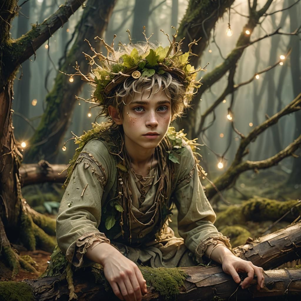 Whimsical Boy Dryad in Magical Forest, Surreal Art