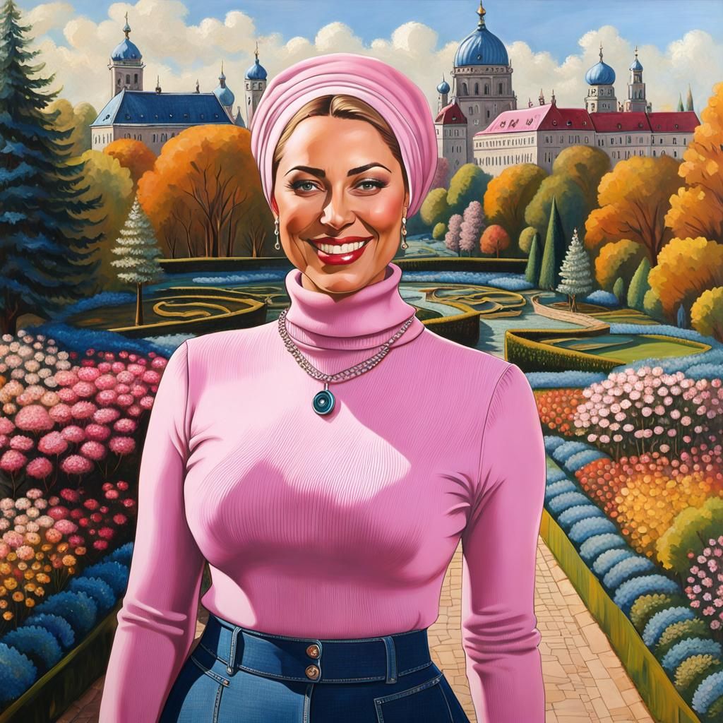 Elegant Woman in City Garden: Detailed Digital Art