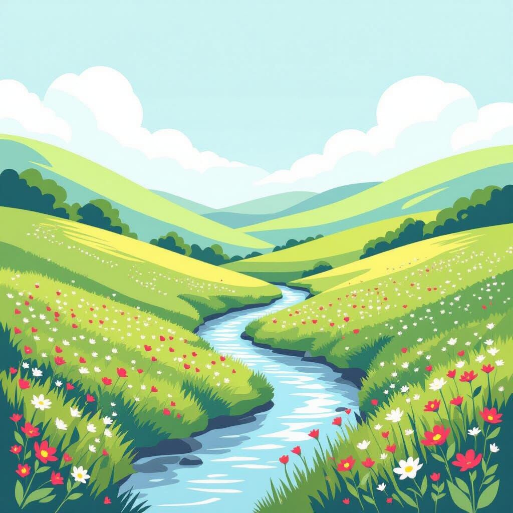 Serene River Valley with Wildflowers in Minimalist Digital A...