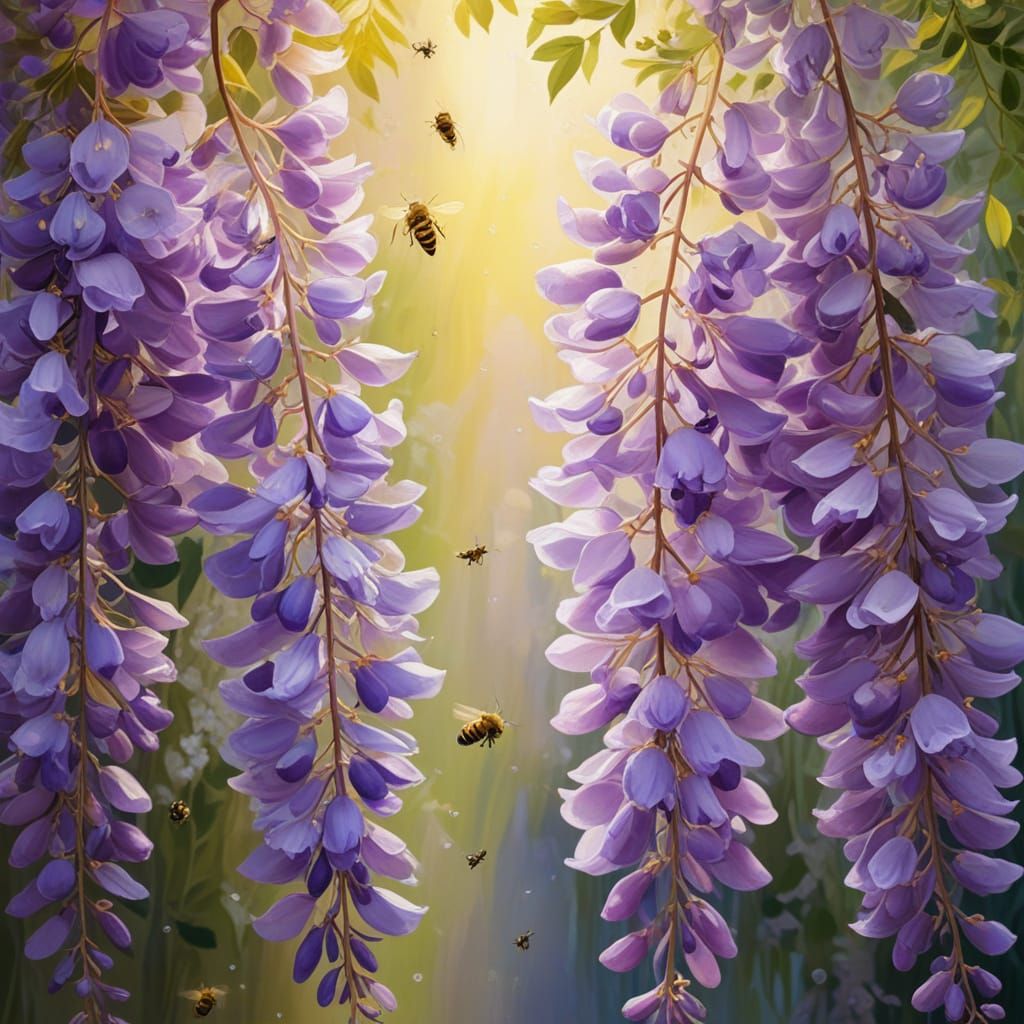 Impressionist Wisteria in Bloom with Bees