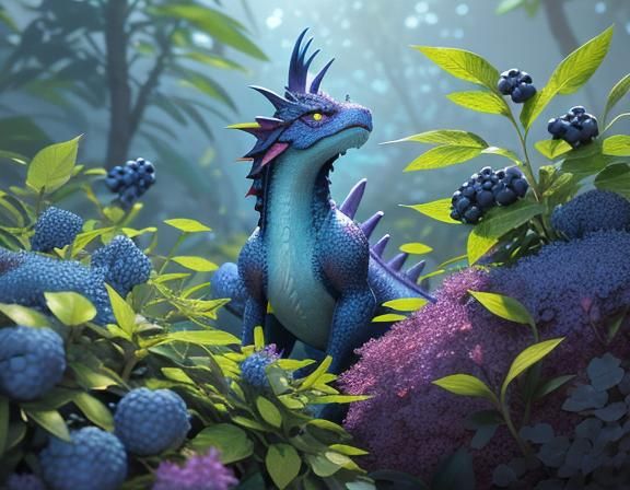 Blueberry Dragons Playing in Blueberry Bush, Matte Painting