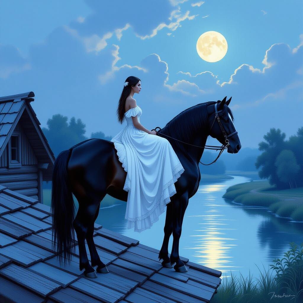 Woman and Stallion Under Moonlight