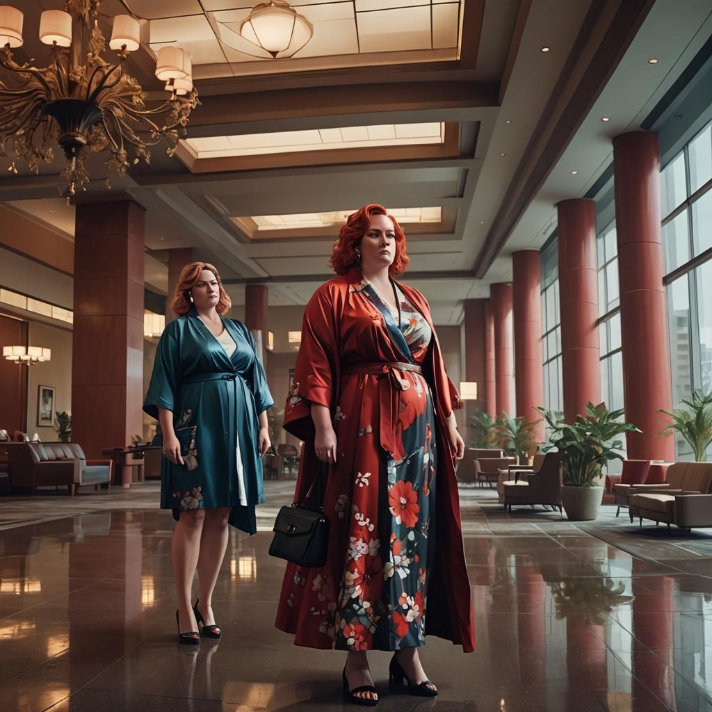 Fantasy Hotel Scene with Woman in Floral Dress