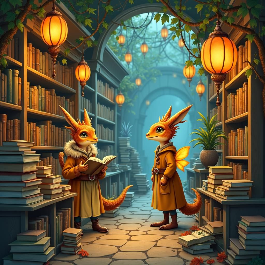Mythical Creatures in Whimsical Bookstore with Lanterns