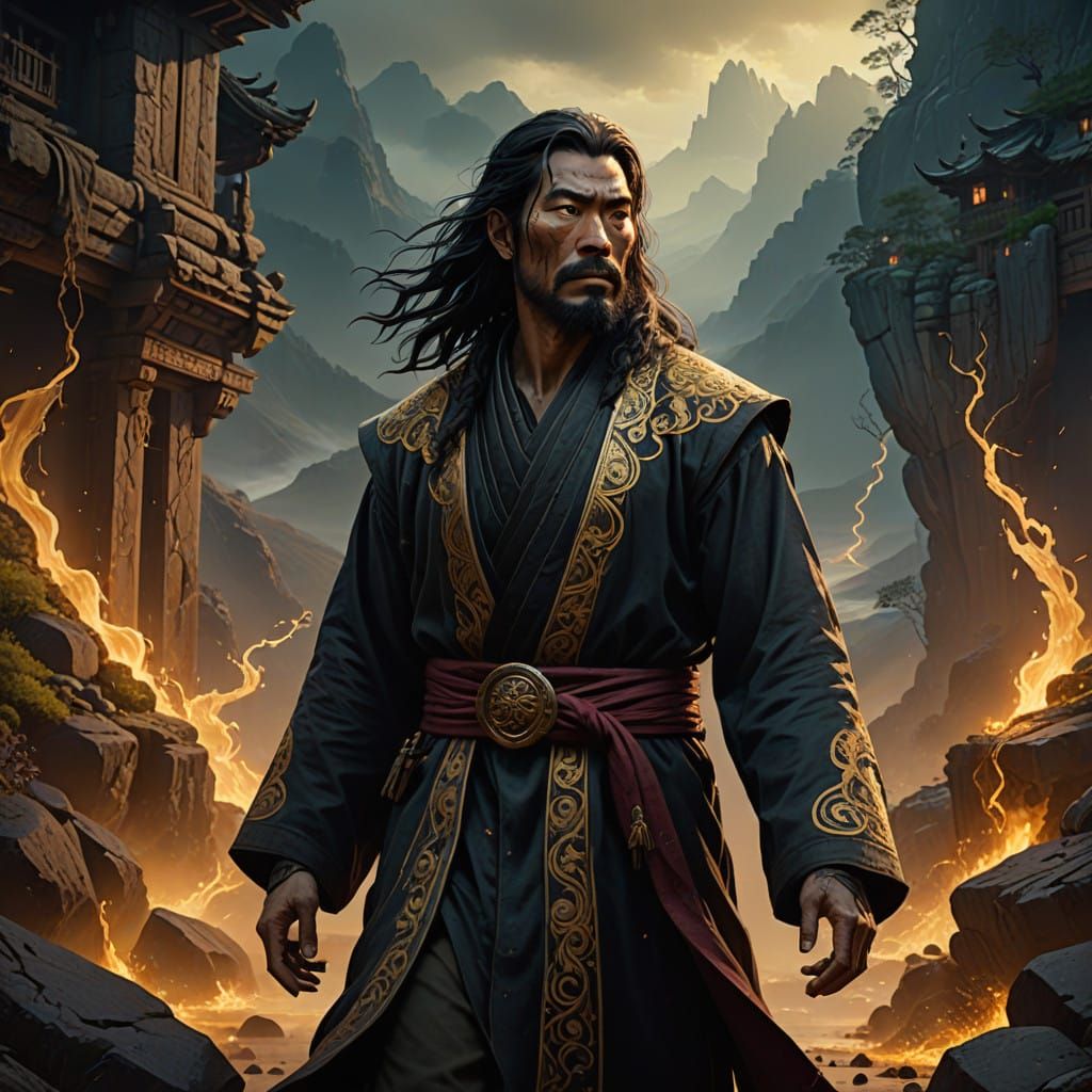 Heroic Asian Man in Traditional Robes, Standing in a Rocky M...