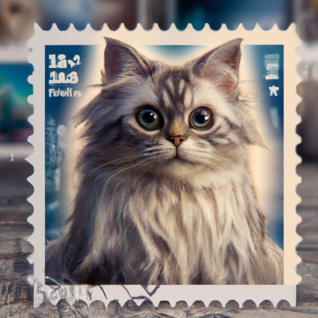Cute Cat Postage Stamp in Photorealistic Style