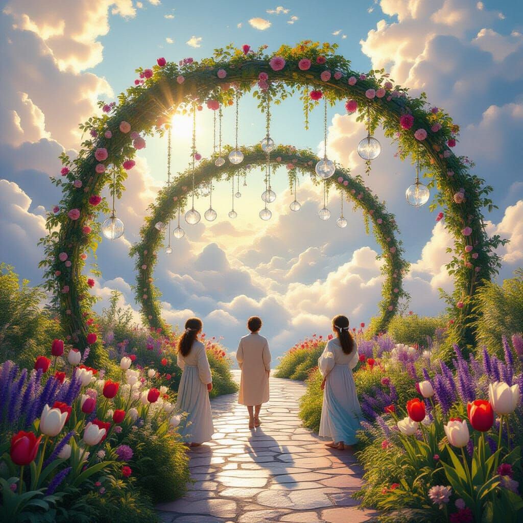 A lush floating garden suspended high above the clouds, filled with oversized tulips, lavender arches, and wind-chimes m...