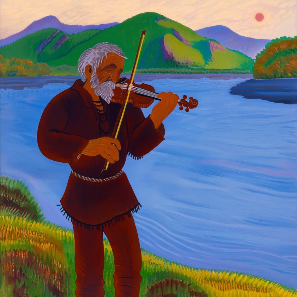 Mountain Man Fiddles by Serene River in Folk Art Style
