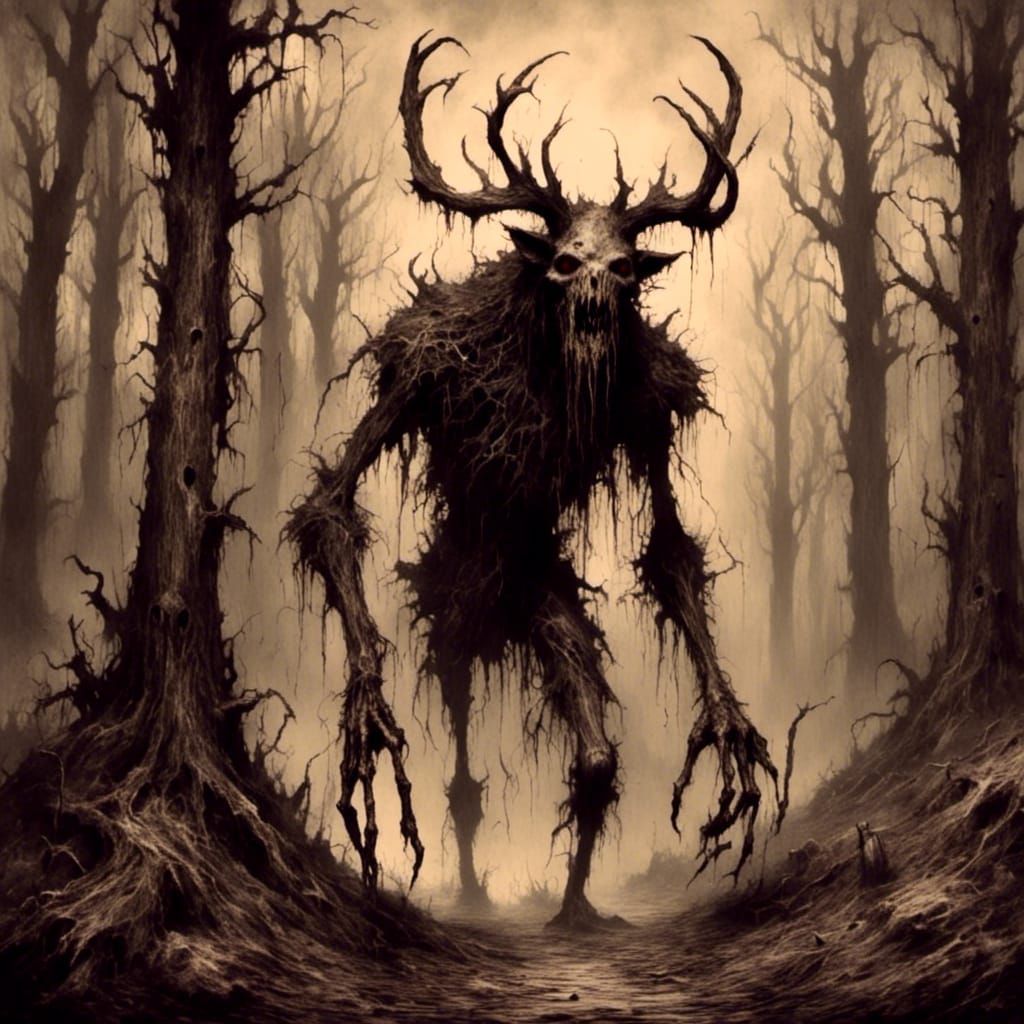 Wendigo Stalking Through Dark Woods