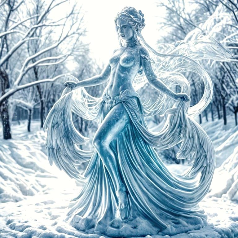 Snow Cupid Statue Melting in Sunlight