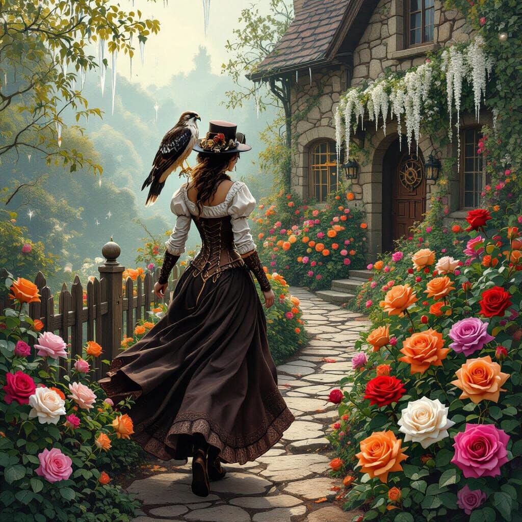 Steampunk Waitress in Rose Garden with Hawk