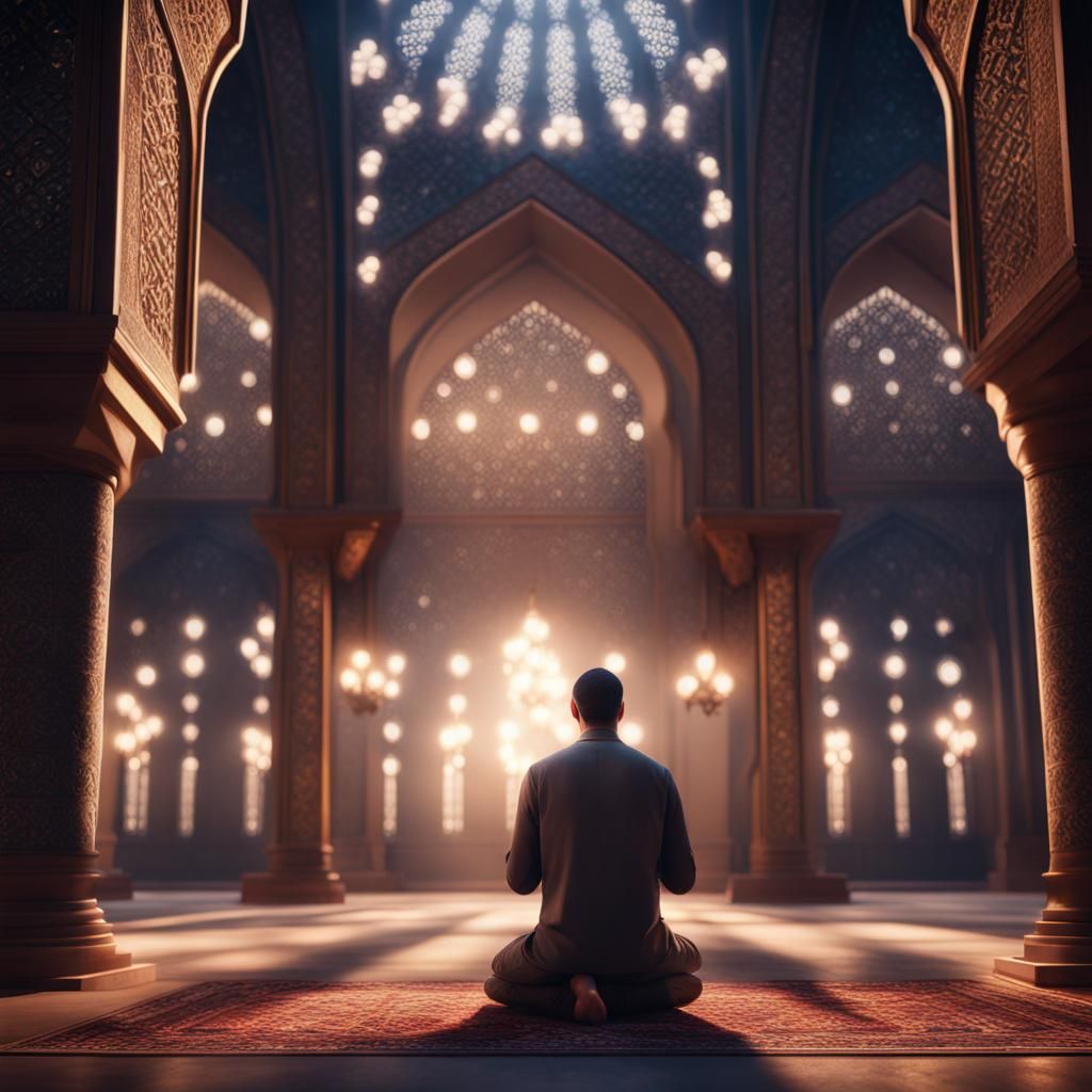 Hyper Realistic Man Praying & Ramadan Lights inside a beautiful mosque at night