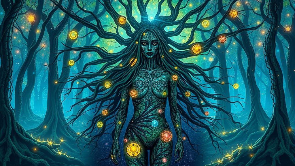 Bioluminescent Forest with Mirrored Roots and Glowing Woman