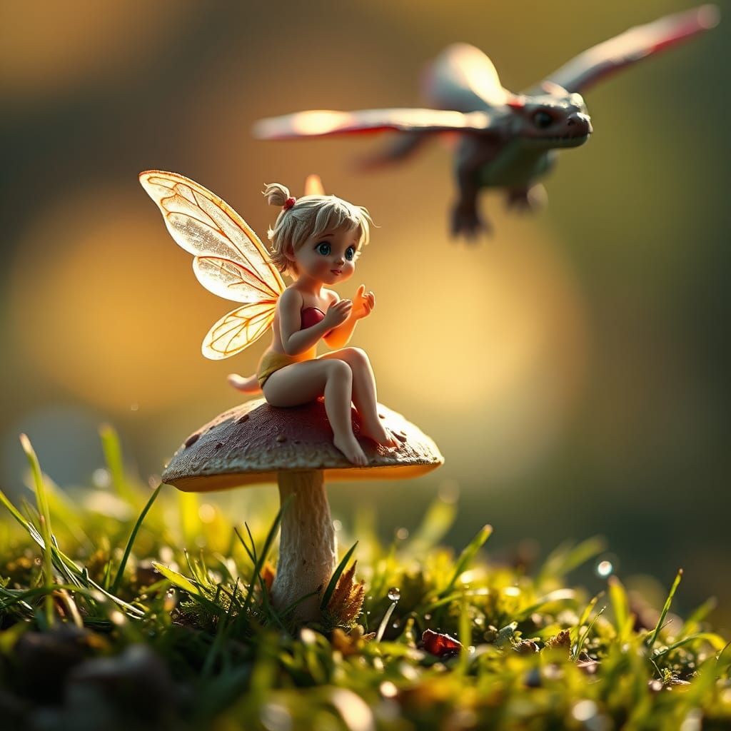 Fairy on Mushroom with Dragon: Hyperrealistic Photo