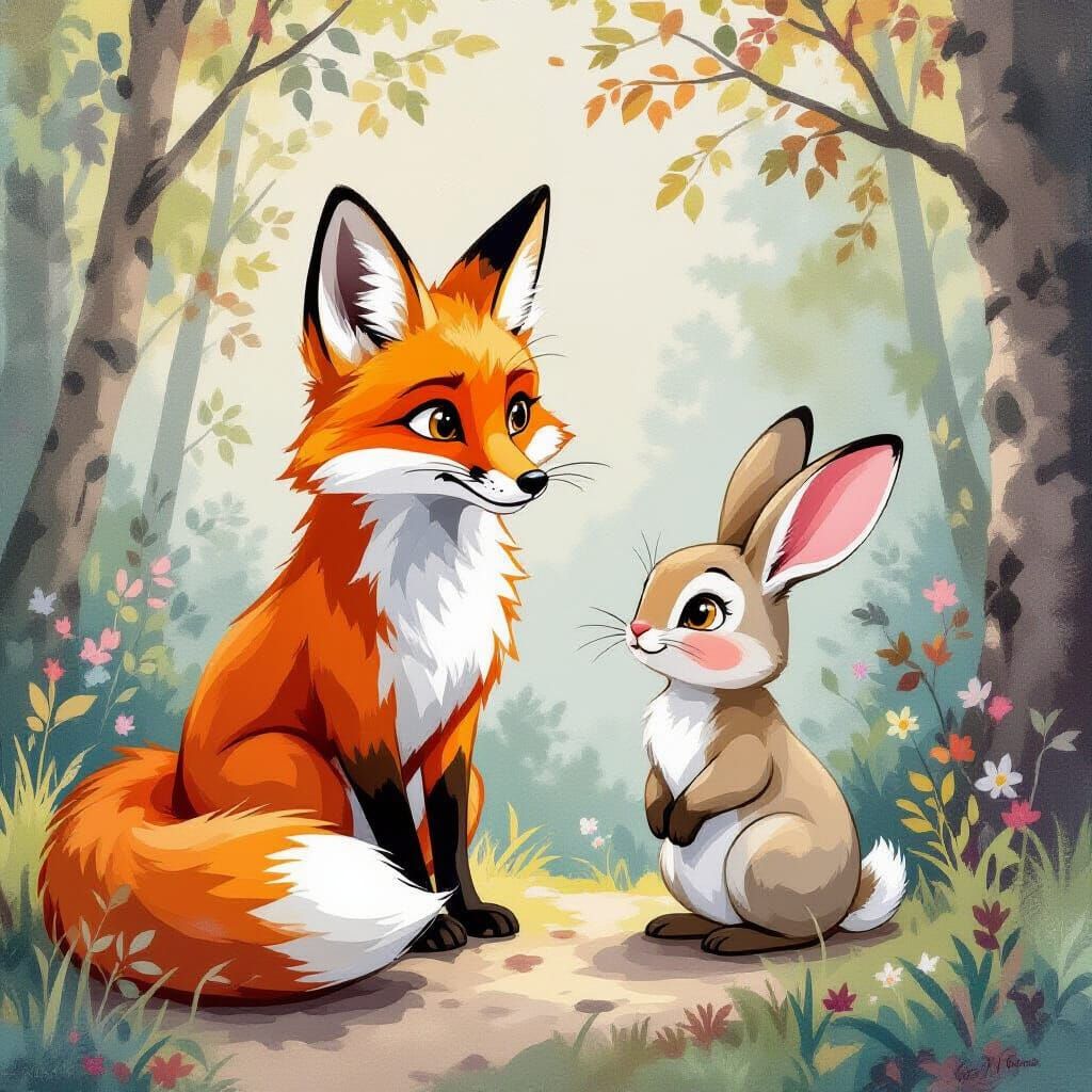 Fox and Rabbit in Gouache Style Illustration