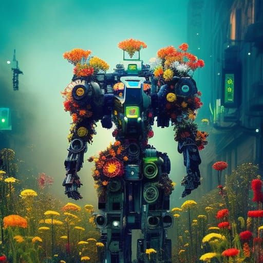 Floral Robot: Cyberpunk Rococo Mecha in Neon Light