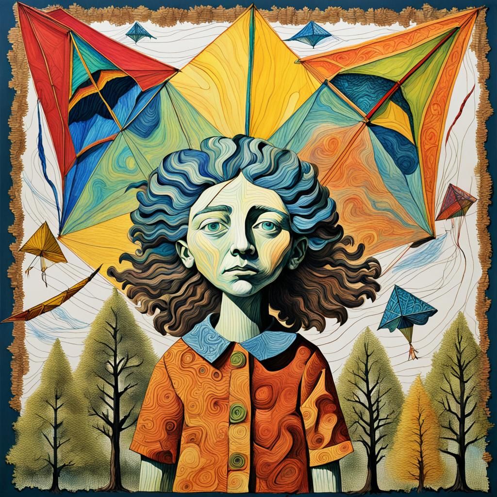 G fly a kite, Kite flying, Van Gough flying an intricately patterned kite, Van Gough trees, Kids Crayon drawings ,surre...