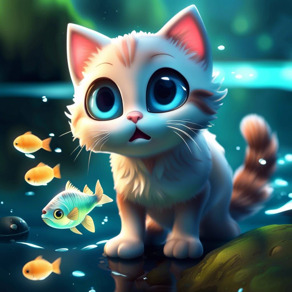 Adorable Chibi Cat Tries to Catch Fish