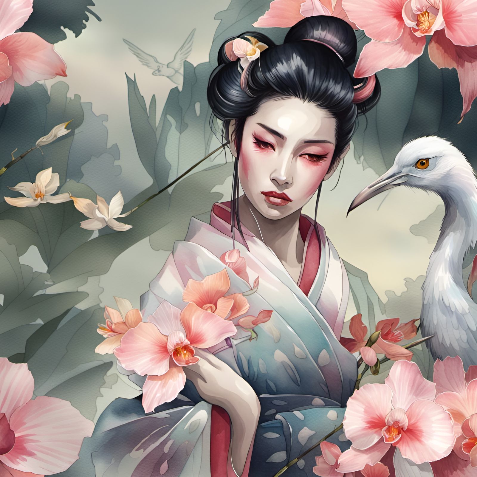 Watercolor Geisha Portrait with Orchids and Cranes
