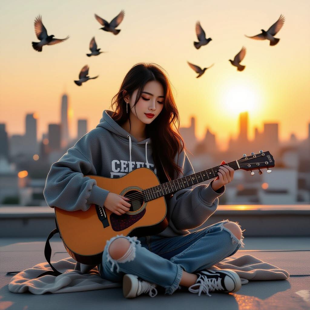 Chinese Woman on Rooftop at Sunset, Digital Art