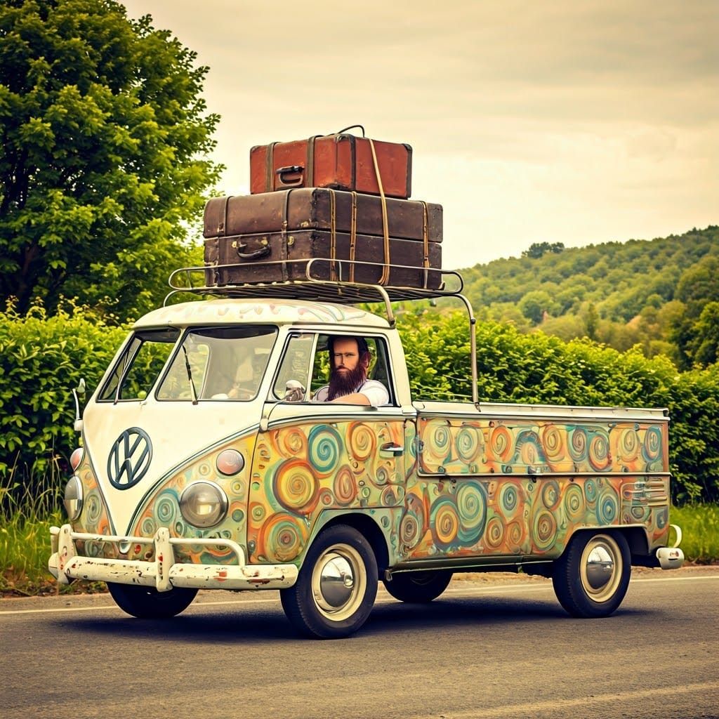 Stylish Hasidic Man Drives Vintage Pickup Truck Down Serene....