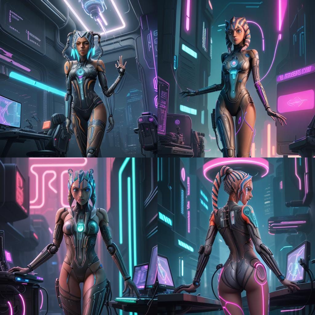 Ahsoka Tano: Cybernetic Tentacles in Neon Cityscape
