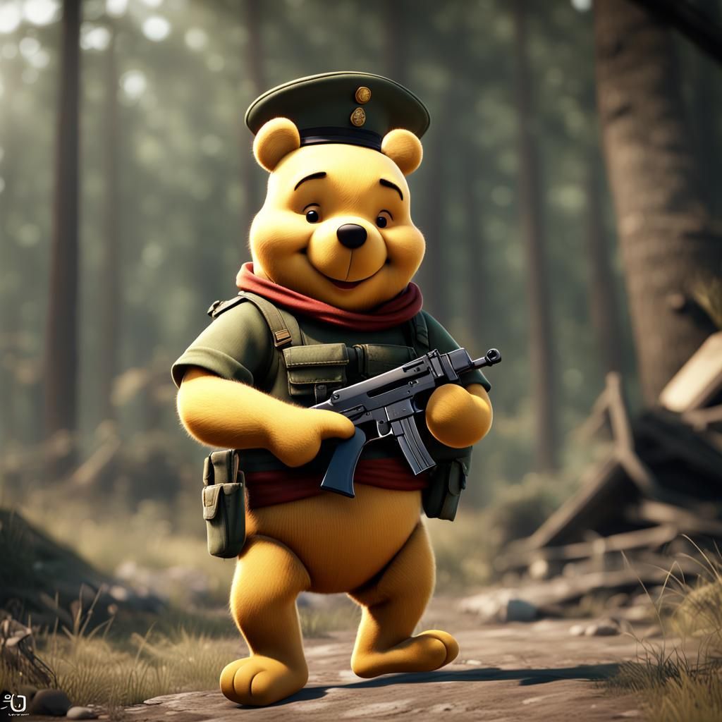 Winnie the Pooh as Soldier in 3D Cinematic Style