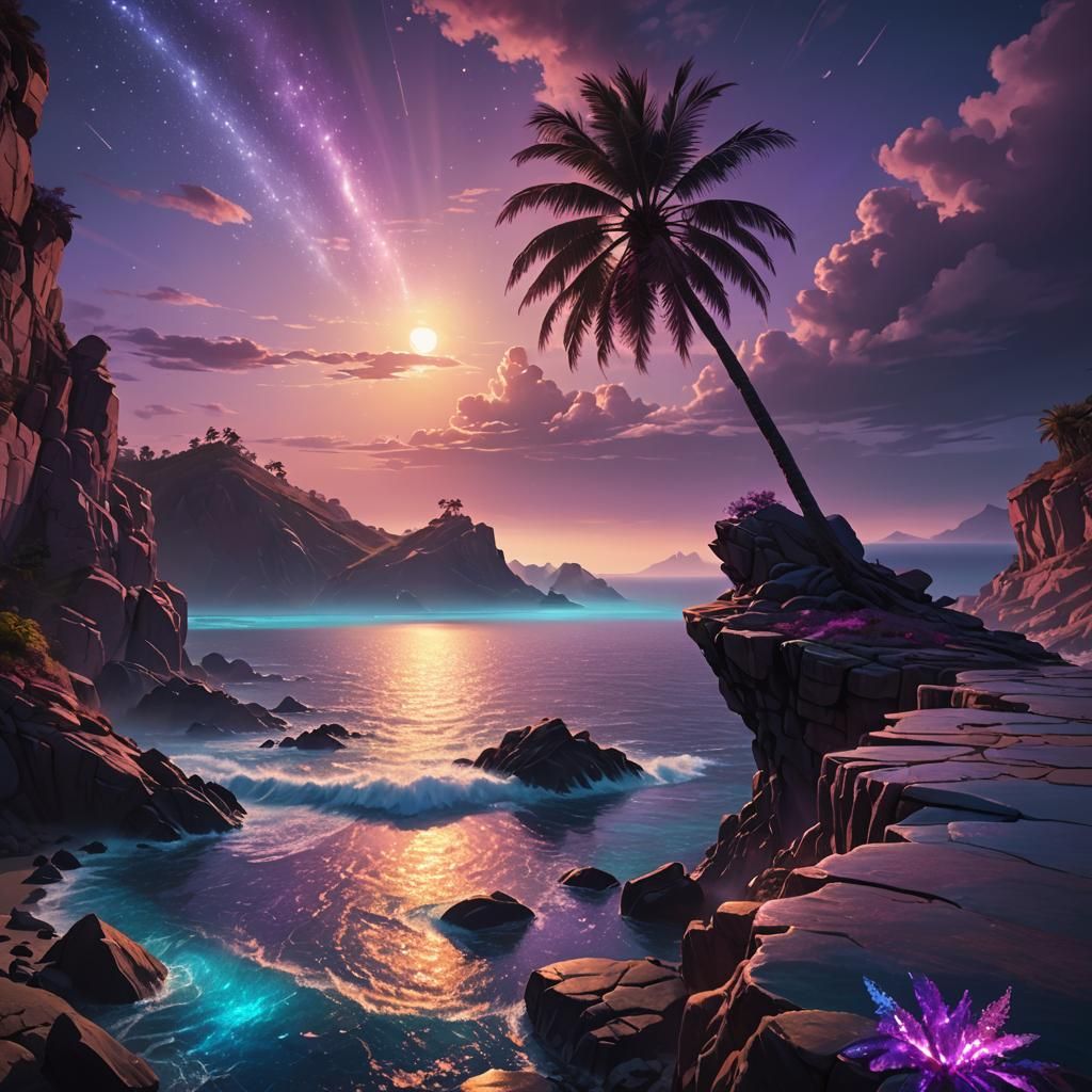 Mystical Palm Tree on Rocky Cliff: Fantasy Concept Art