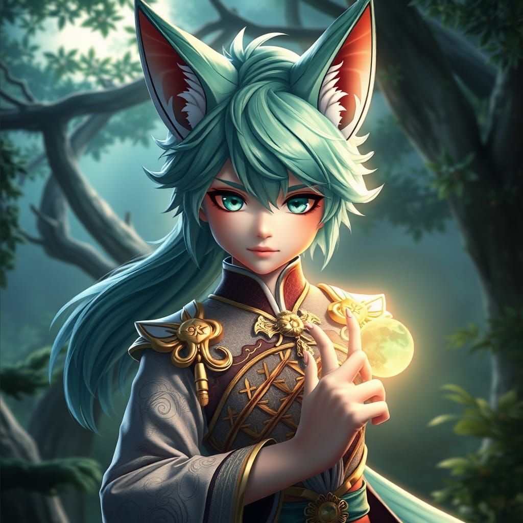 Teal-Haired Fox-Boy in Mystical Forest, Anime Style