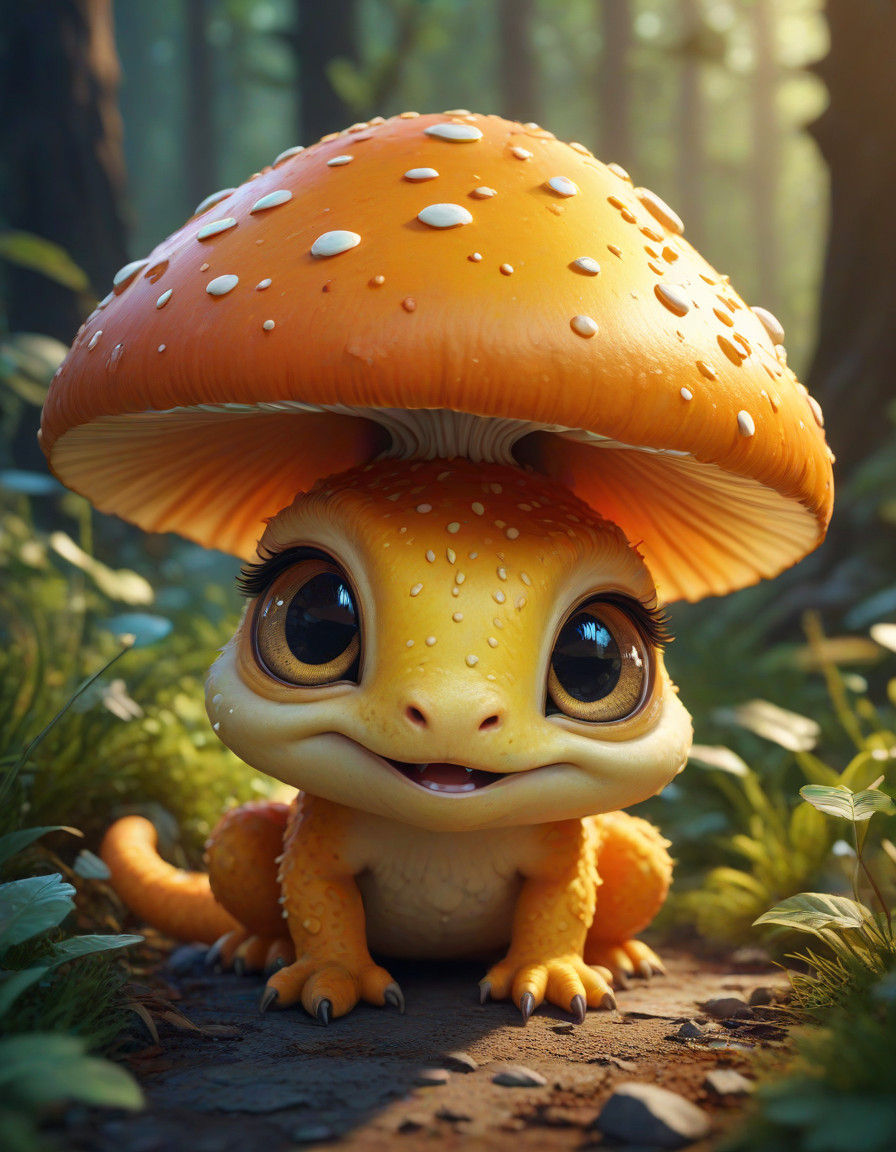 Whimsical Mushroom-Dragon with Shimmering Eyes in a Golden H...
