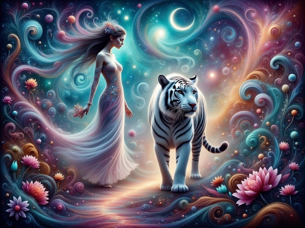Ethereal Being and Tiger in Surreal Nebula