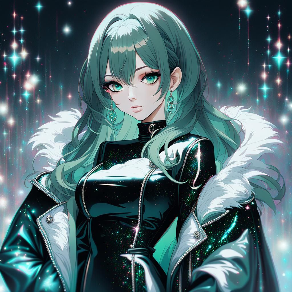 Anime Girl in Dark Green Hair and Turquoise Tone with Glitte...