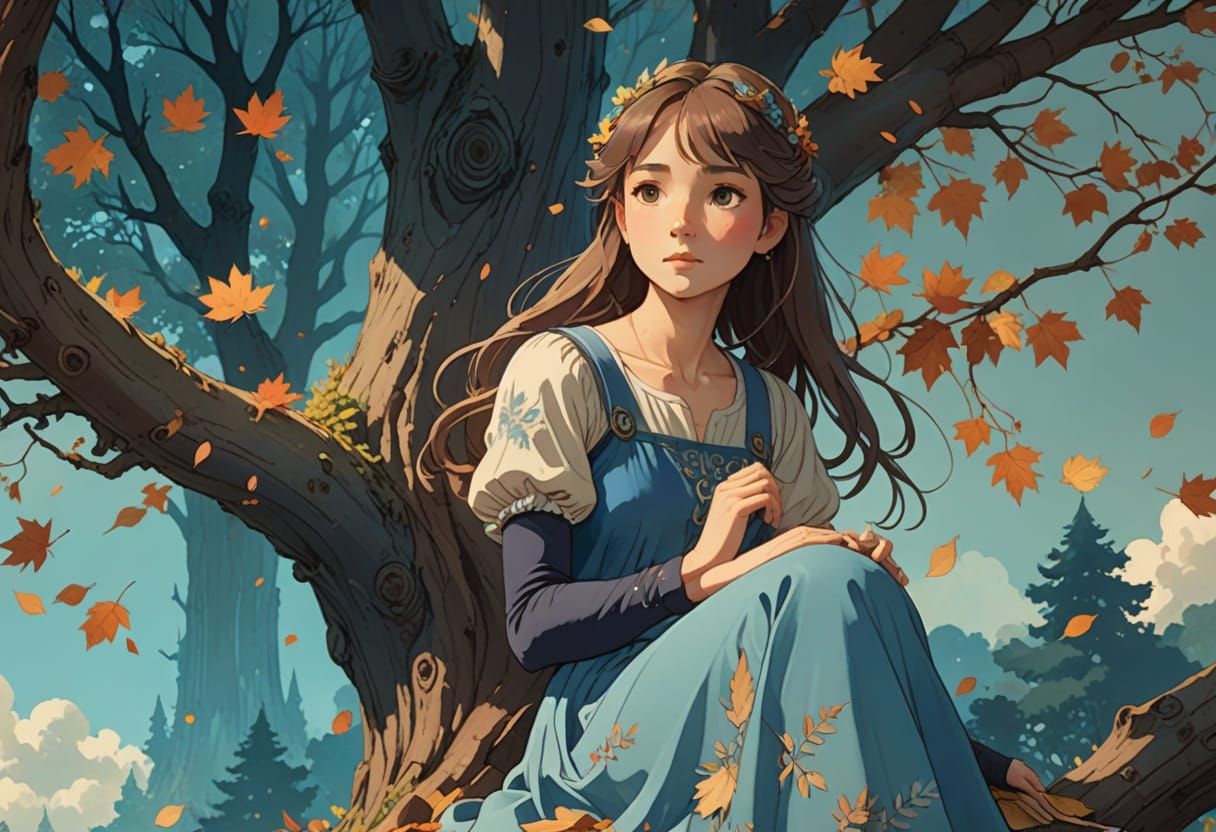 Whimsical Autumn Lady in Elegant Blue Dress