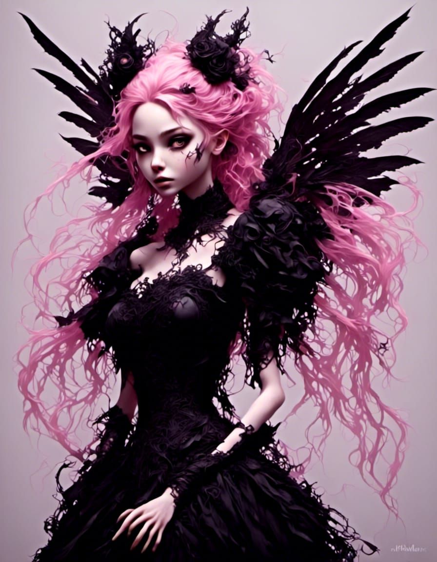 Gothic Tinkerbell with Filigree Wings and Pink Hair