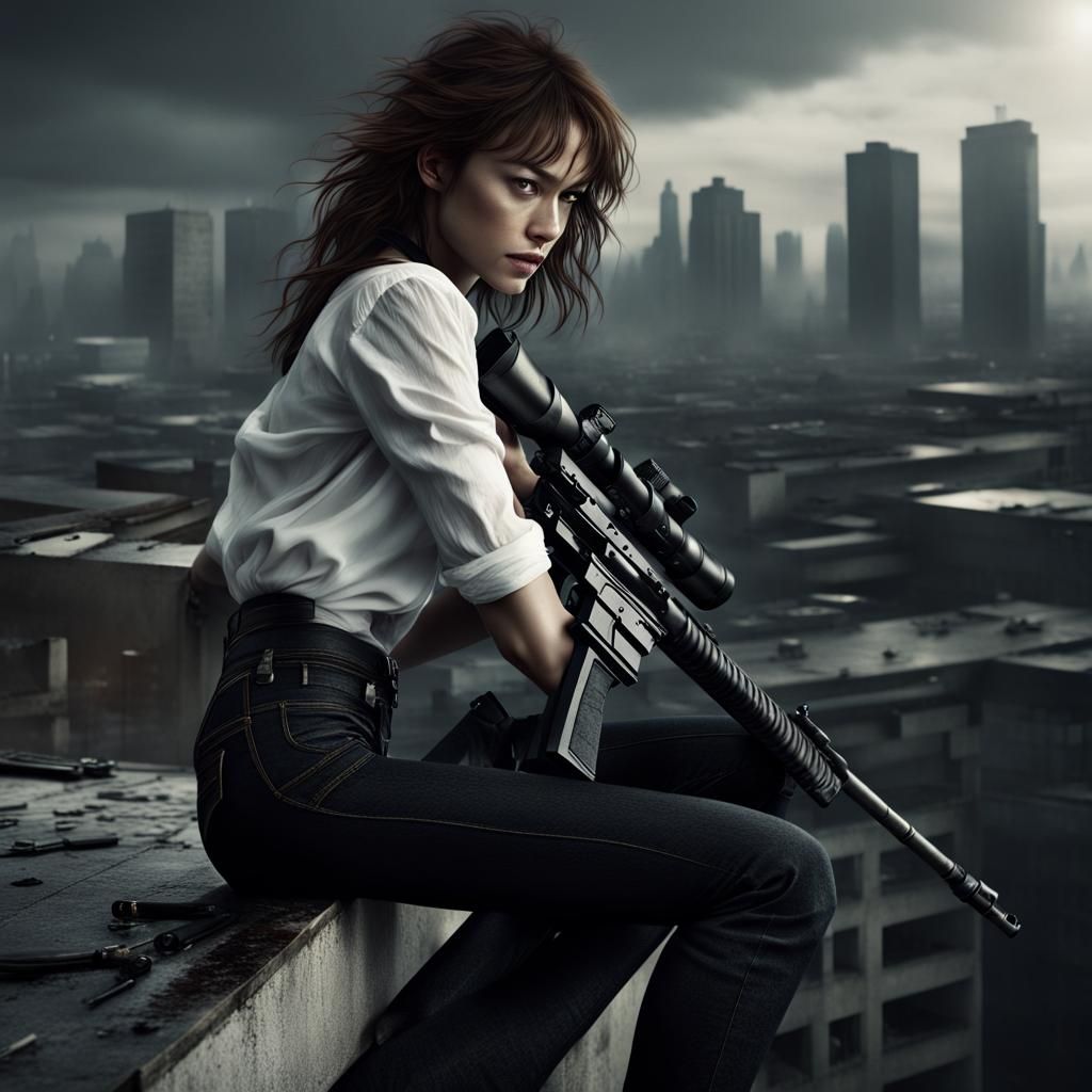 Dramatic Sniper Portrait on Rooftop: Digital Matte Painting
