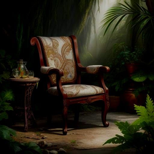 Elaborate Antique Carver Chair Painting in Triadic Colors