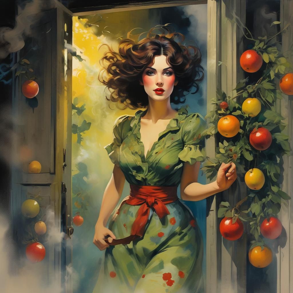 Whimsical Woman Bursting Through Door in Fauvist Style