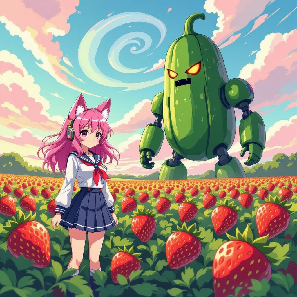 Anime Girl with Wolf Ears and Zucchini Robot, Cel-Shaded Sty...