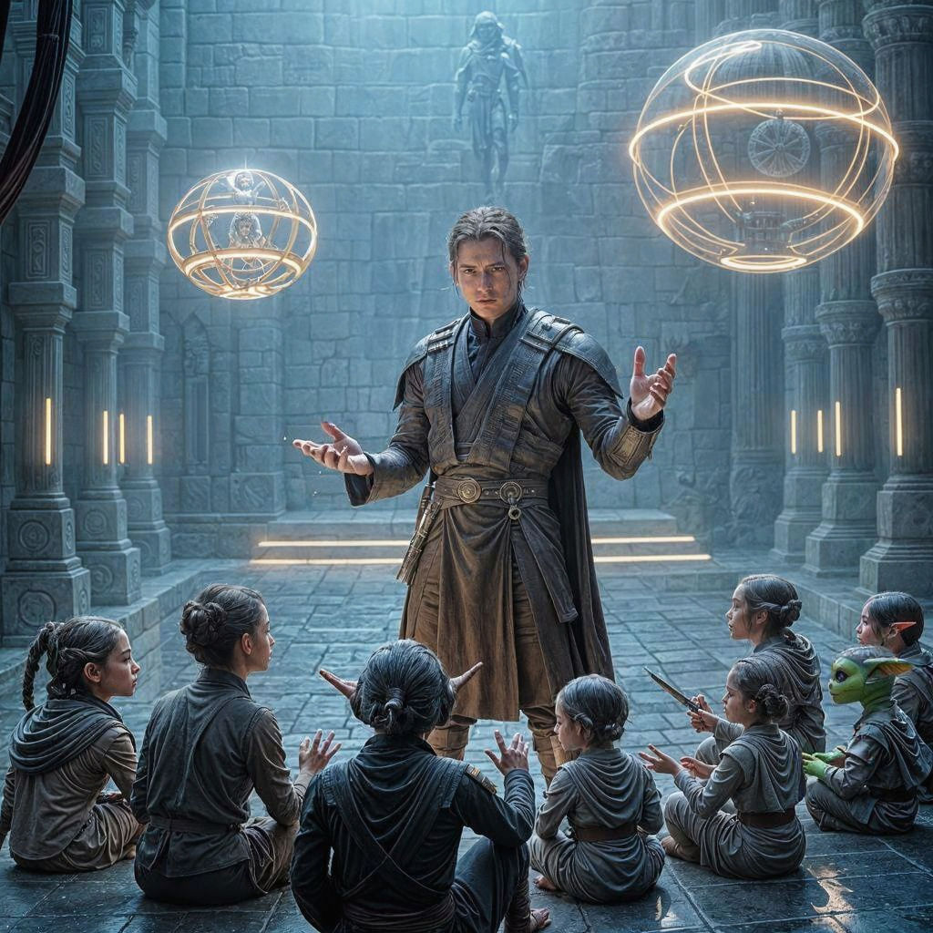 A Young Jedi Master Teaches in a Cyberpunk Jedi Temple