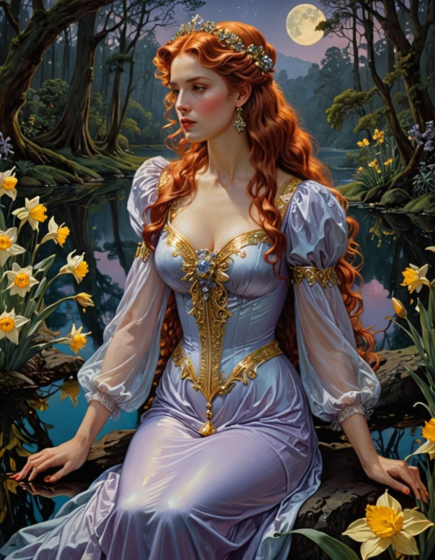 Victorian Moon Goddess in a Bioluminescent Forest